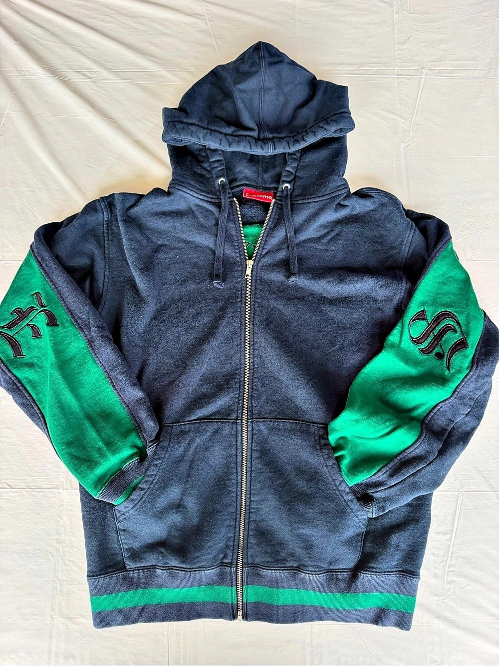 Supreme Old English Stripe Zip Up Hoodie Navy Green SS19 Size M